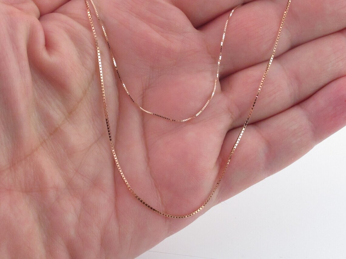 14k Solid Rose Gold Box Chain Necklace 16″ 18″ 20″ 24″ – 0.45 mm to 0.7 mm