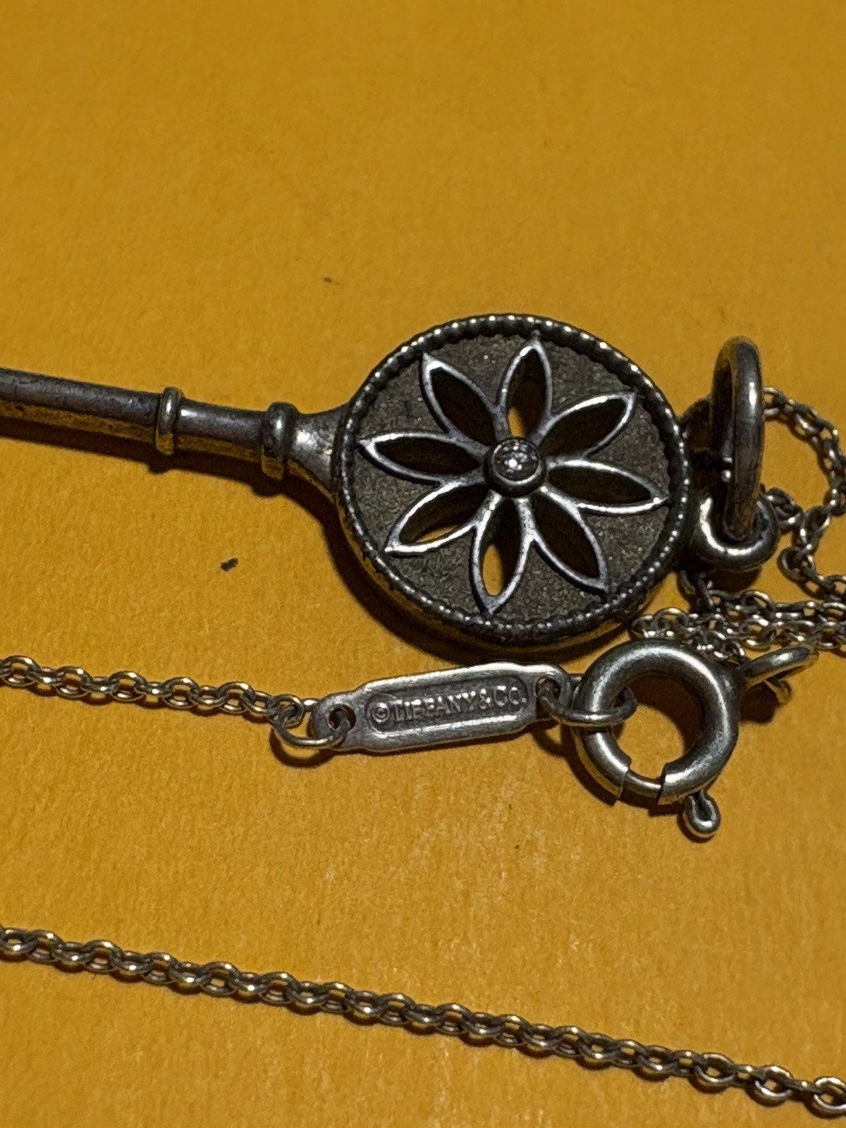 Tiffany & Co Silver Diamond Daisy Flower Key mini & Necklace both hallmarked