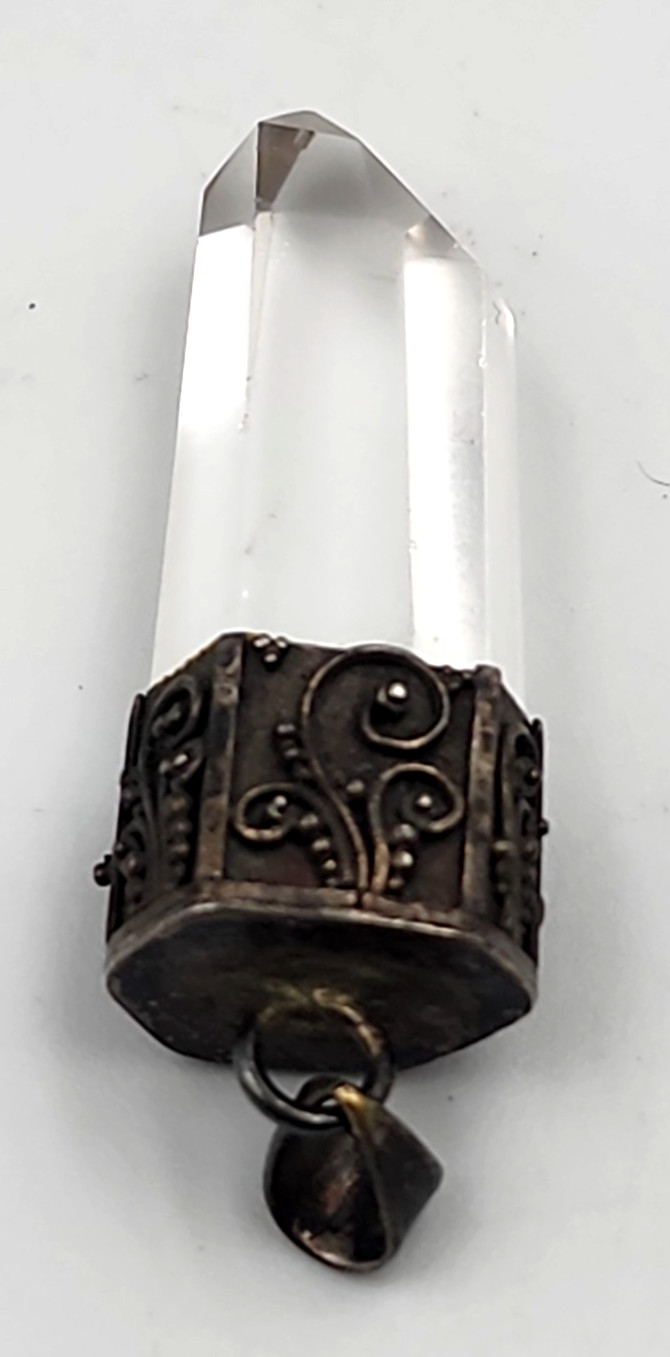 Quartz Point Crystal Pendant Sterling Silver Filigree Cap 1.5 In