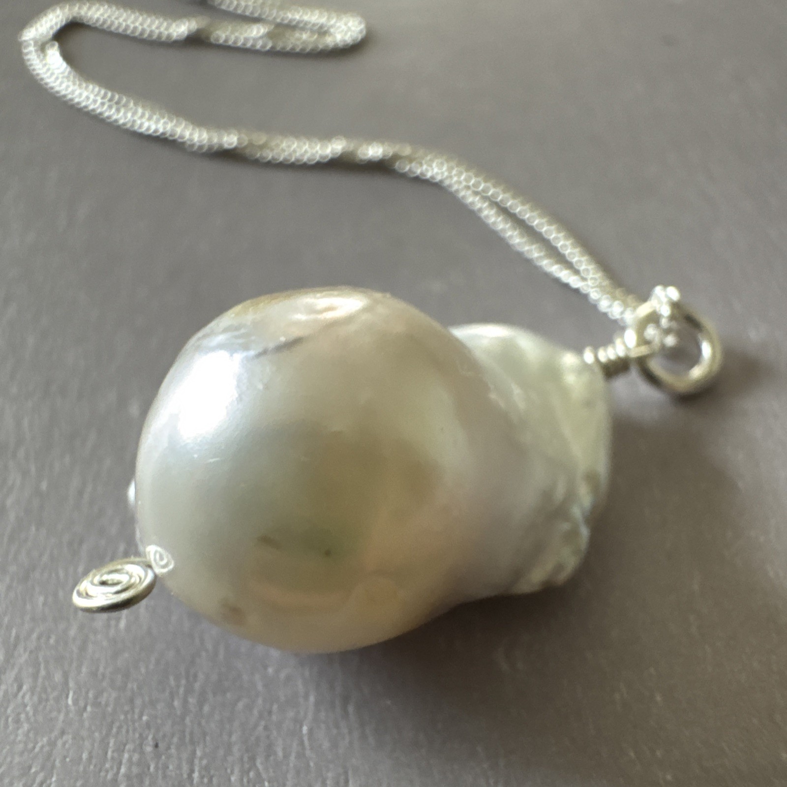 Sterling Silver 925 21mm Freshwater Pearl Pendant Italy 18” Curb Chain Necklace