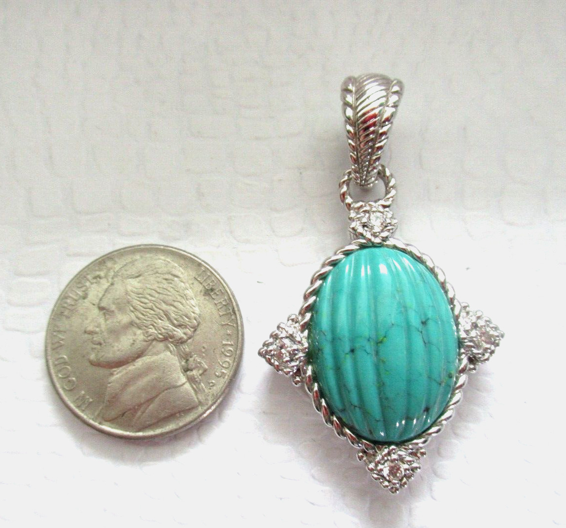JUDITH RIPKA 925 SS CARVED TURQUOISE DIAMONIQUE CZ PENDANT ENHANCER GIFT BOX