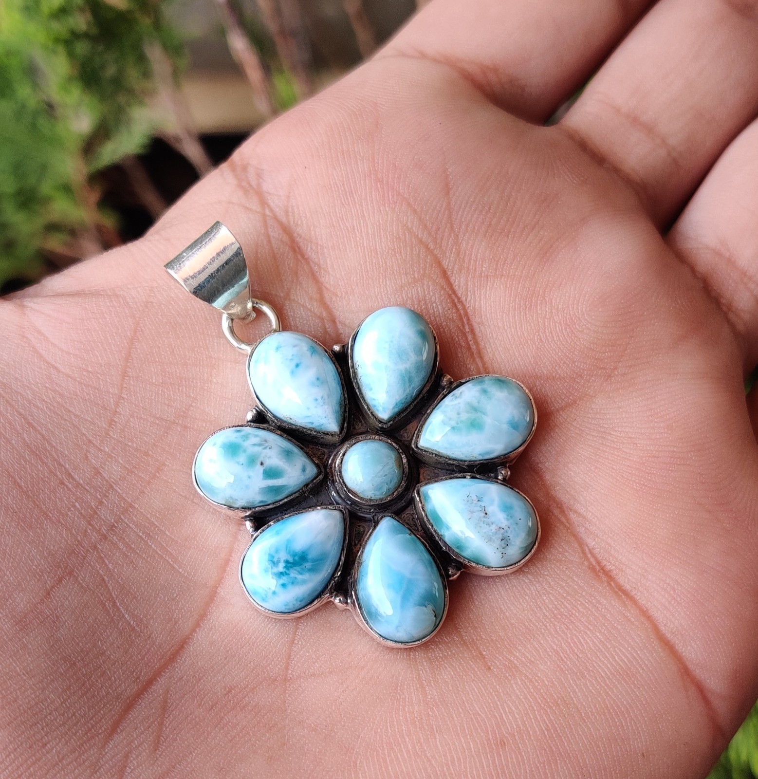Rose Flower Larimar Gemstone Pendant 925 Sterling Silver Beautiful Pendant MK*