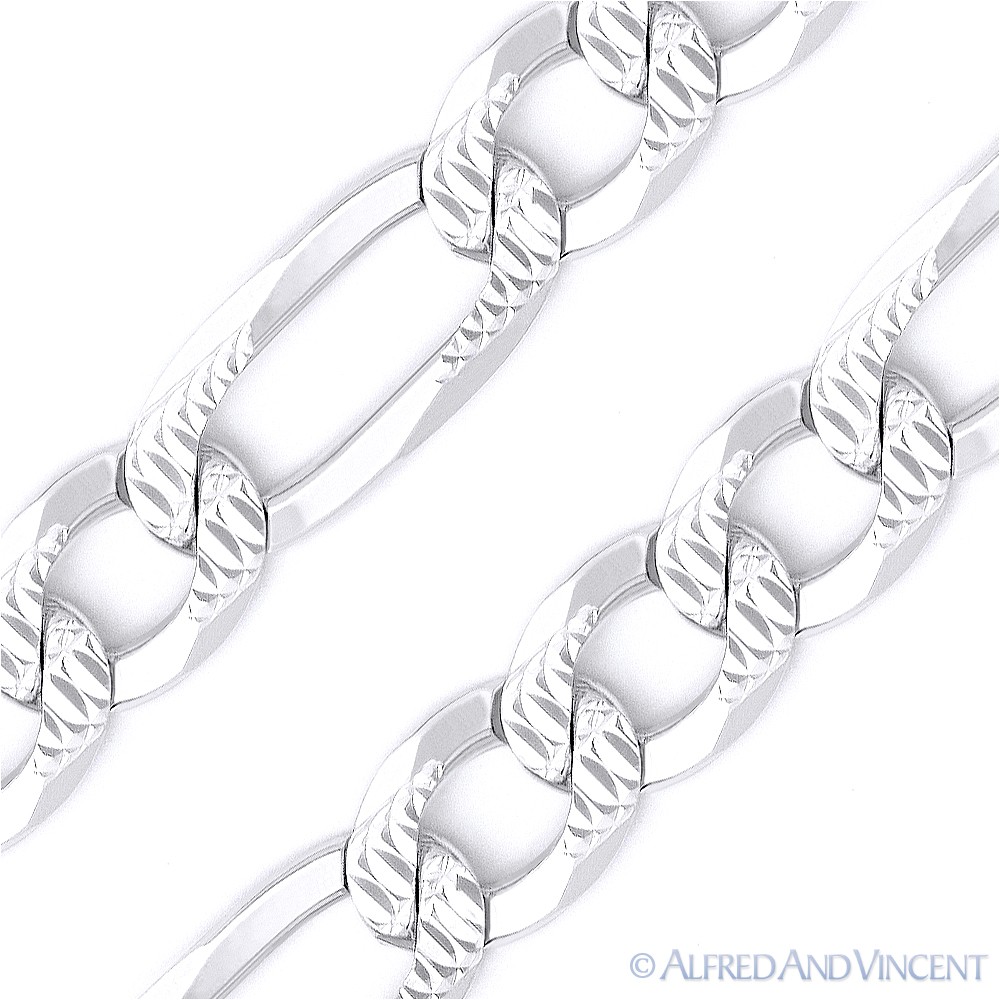 6mm Figaro Link Chain Diamond-Cut Pave Necklace Solid .925 Italy Sterling Silver