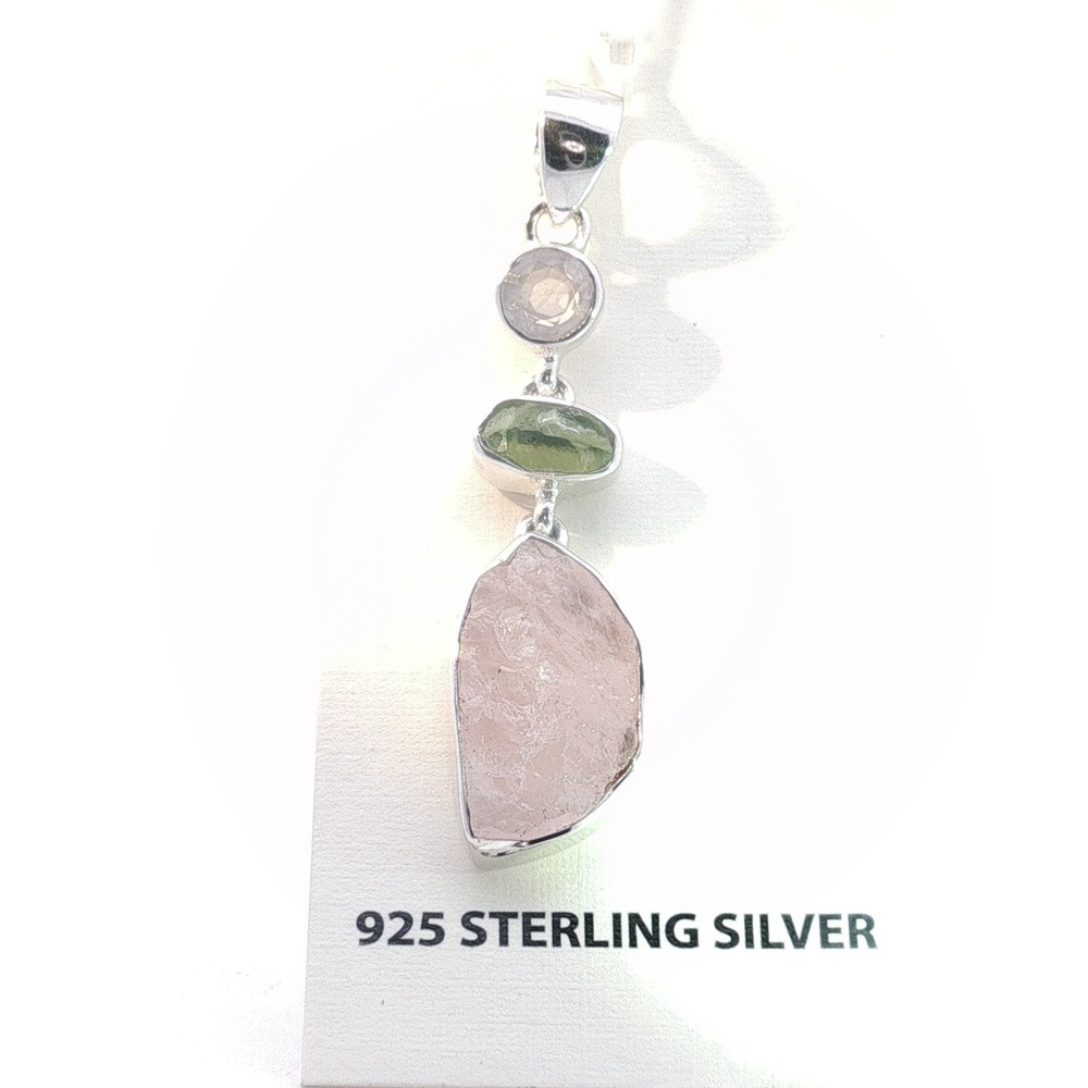 925 Sterling Silver Rose Quartz & Green Peridot Dangle Pendant