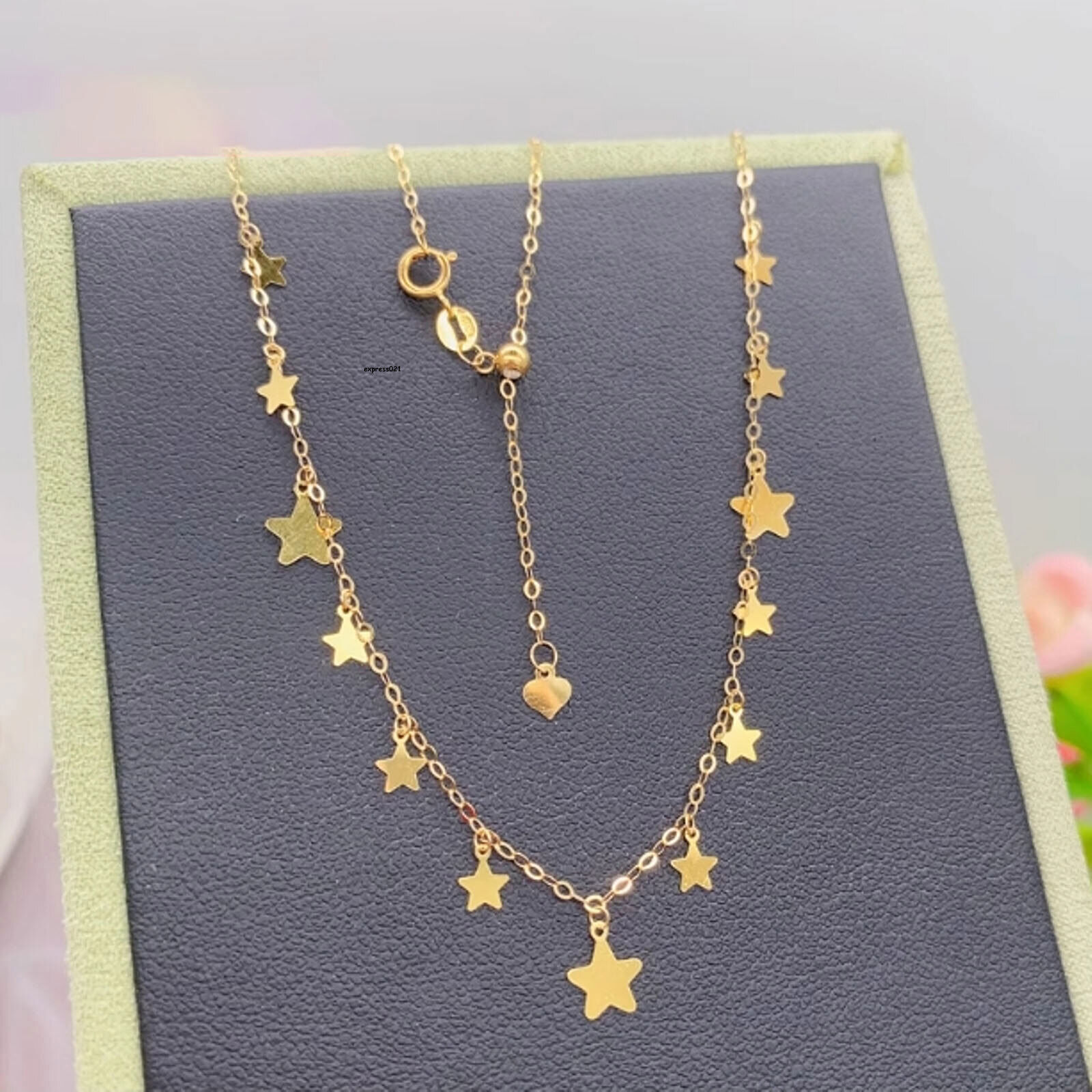 Pure 18K Yellow Gold Chain Women Star Tassel O Link Adjust Necklace 17.3inch