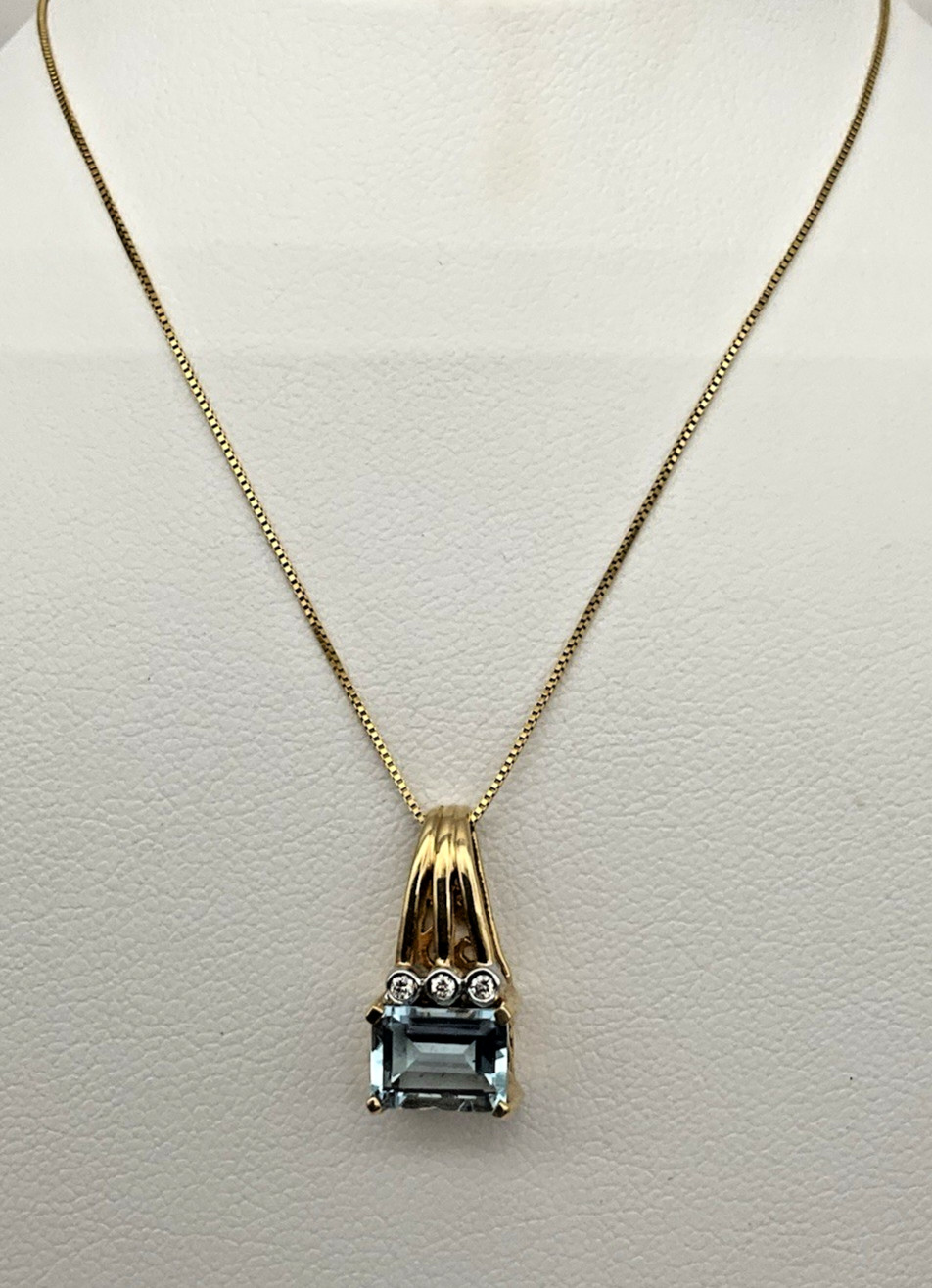 14K Yellow Gold 1.22cttw Aquamarine & Diamond Pendant With 18” Box Chain