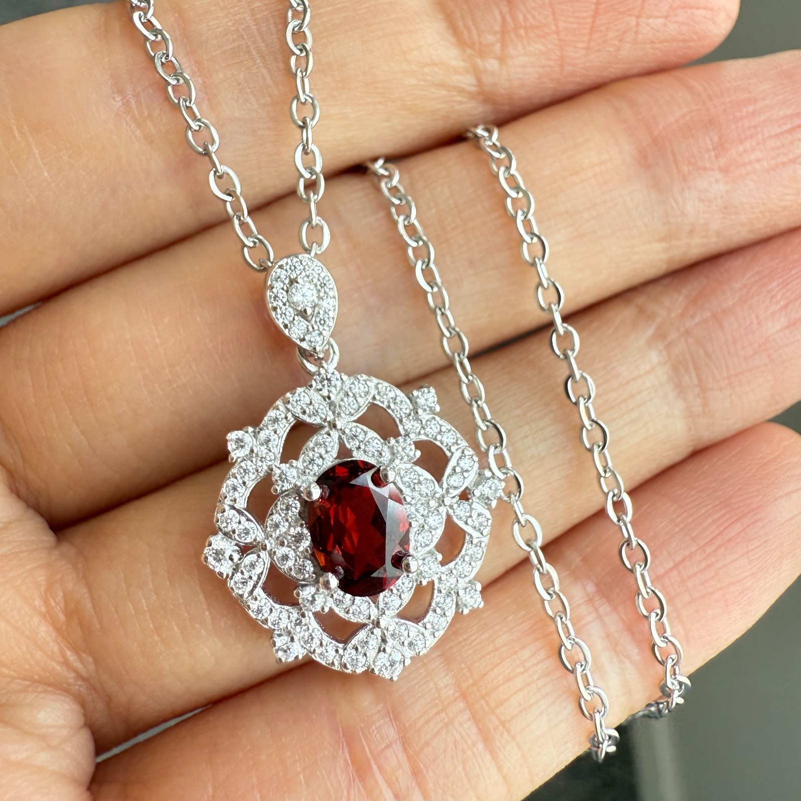 925 Sterling Silver Necklace 7x5mm Natural Garnet Gemstone Zircon Handmade Gift