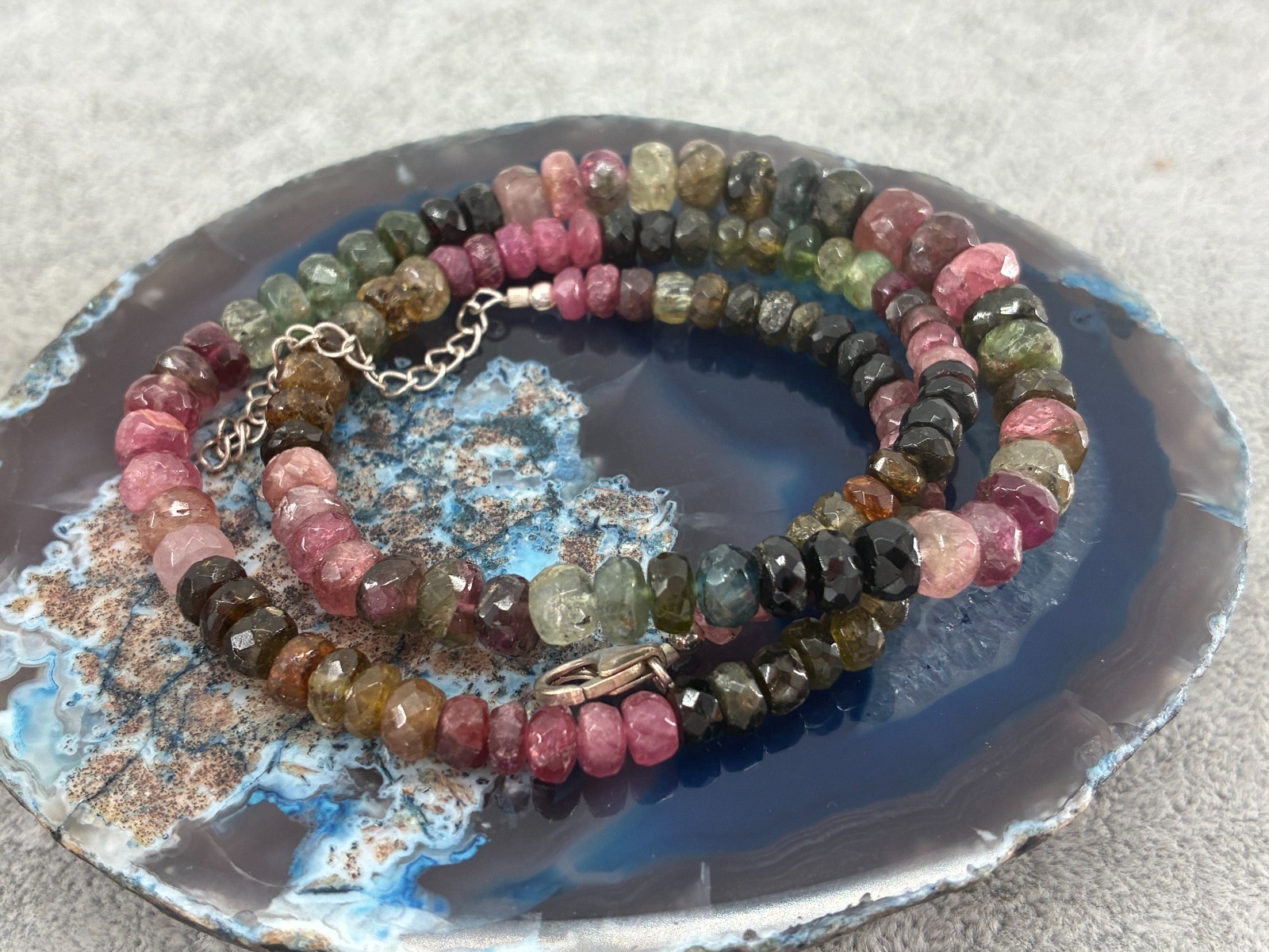 Multi Tourmaline Bead Necklace Sterling Silver 925 Signed KJC India 18in 5mm Box