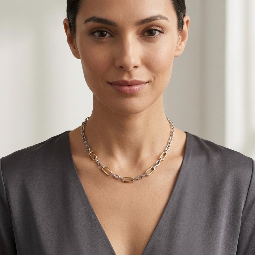 Knife Edge Paper Clip Oval Chain Necklace 14K Two-Tone Gold Plated Real Silver