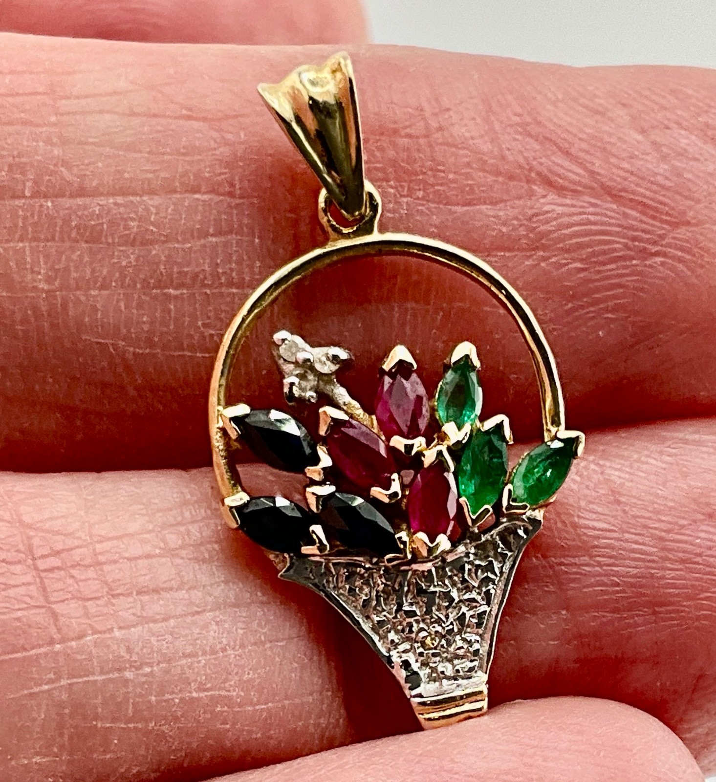 Vintage Minimalist 10k Gold Flower Basket Pendant Ruby Emerald Sapphire Diamond