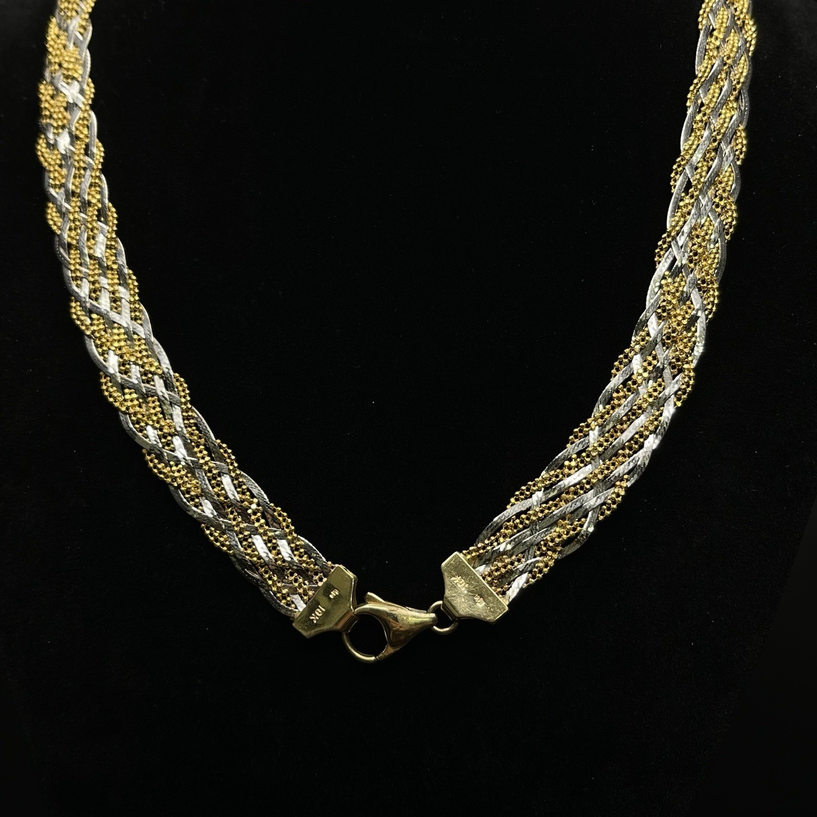 10K Yellow & White Gold Two-Tone Braided Herringbone Necklace 17” (21.1g)