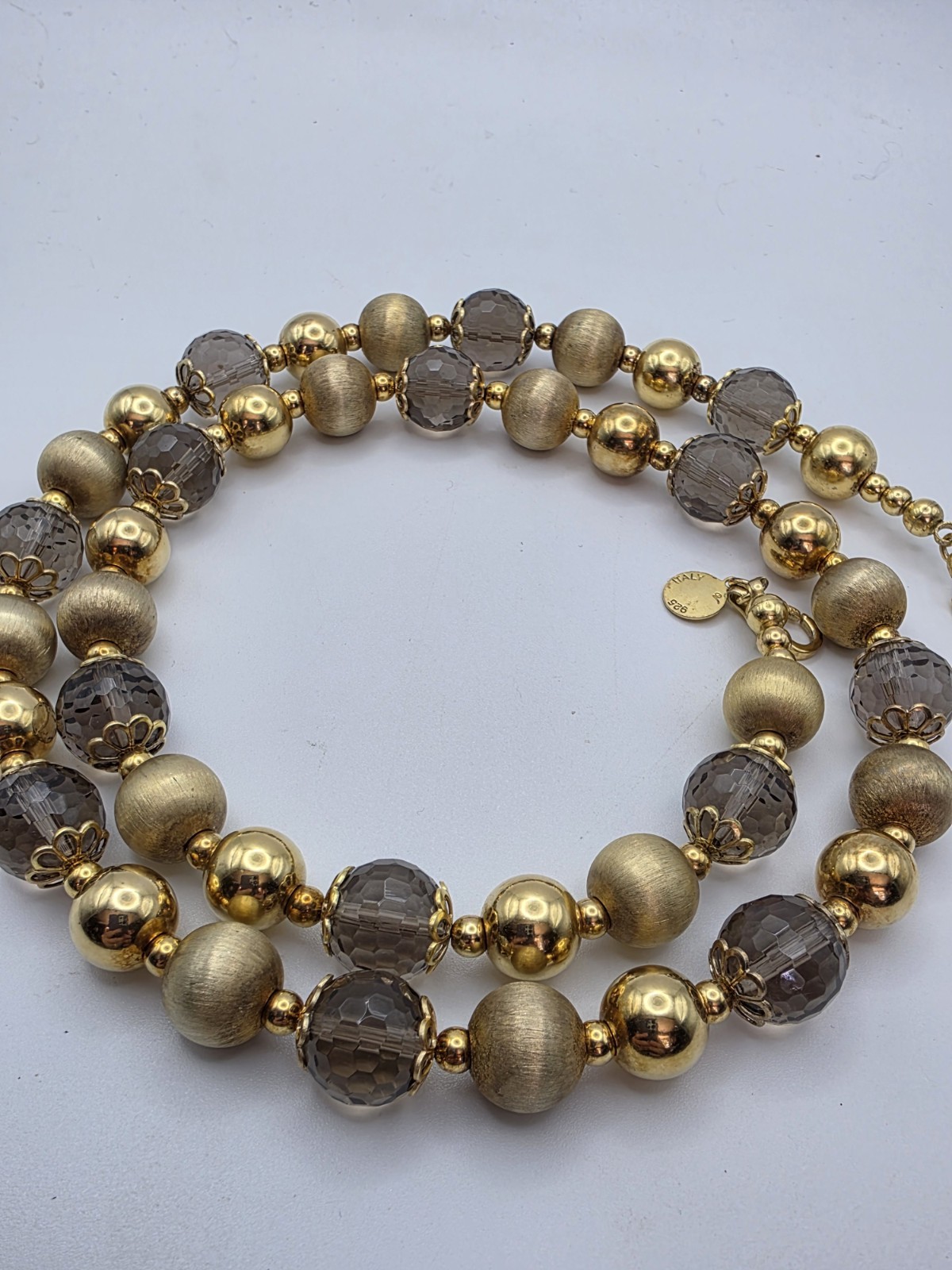 Veronese Italy Silver 925 Golden Plated Clad Smoky Quartz Bead Necklace 24″