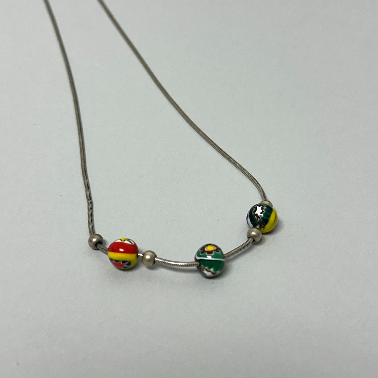 Sterling Silver Venetian Millefiori Beaded Necklace Snake Chain Italy Minimalist