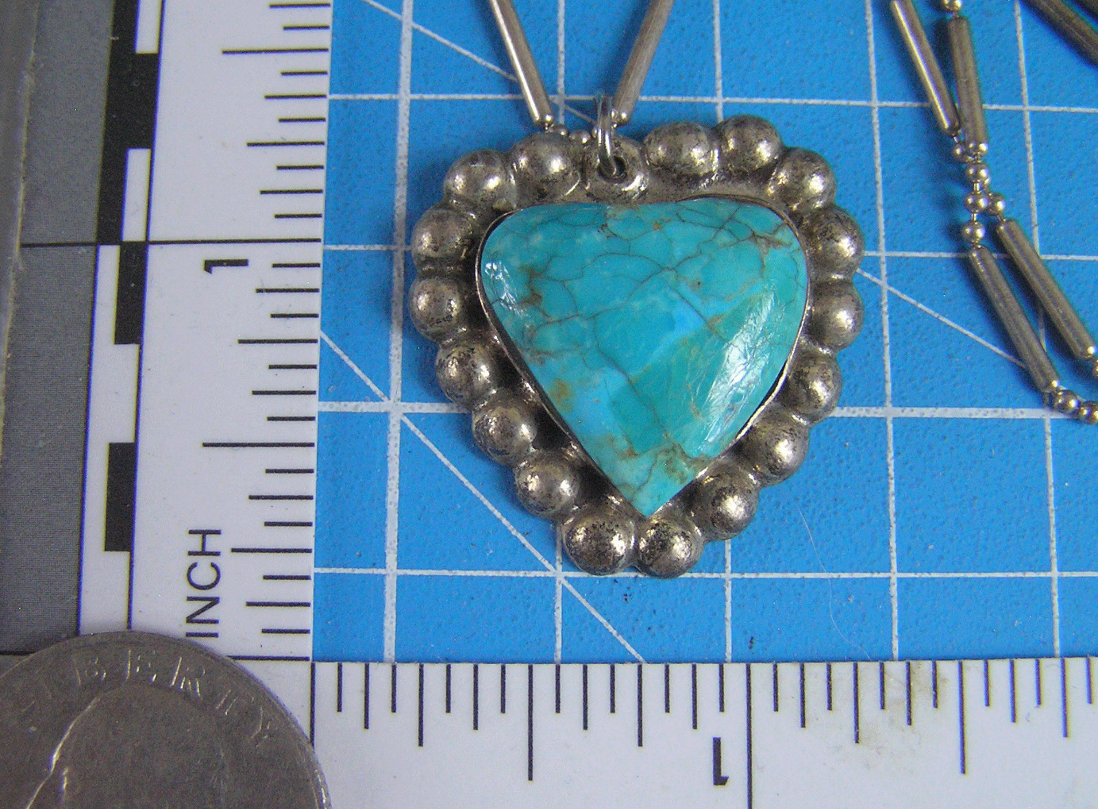 Sterling Silver THAILAND 925 Turquoise Heart Pendant Bar Bead Chain Necklace (Tc
