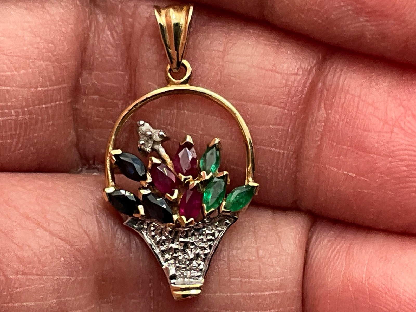 Vintage Minimalist 10k Gold Flower Basket Pendant Ruby Emerald Sapphire Diamond