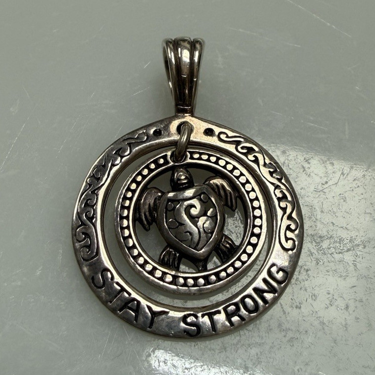 ATI 925 Sterling Silver Round Turtle “Stay Strong” Animal Pendant, Signed
