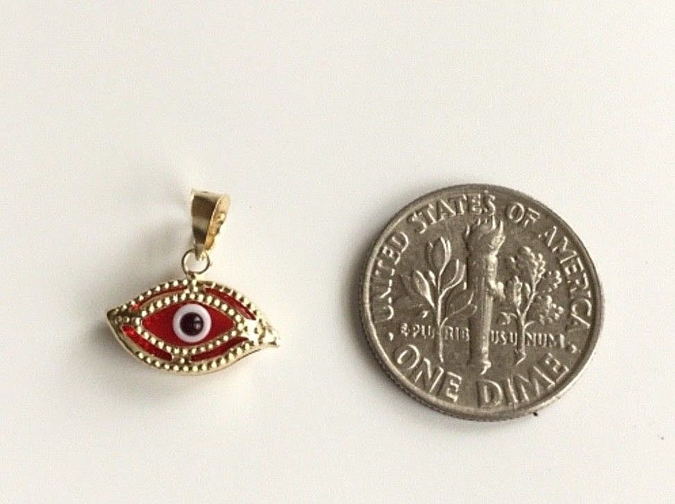 14K SOLID GOLD RED EVIL EYE PENDANT – 14K REAL GOLD 13mm EVIL EYE CHARM