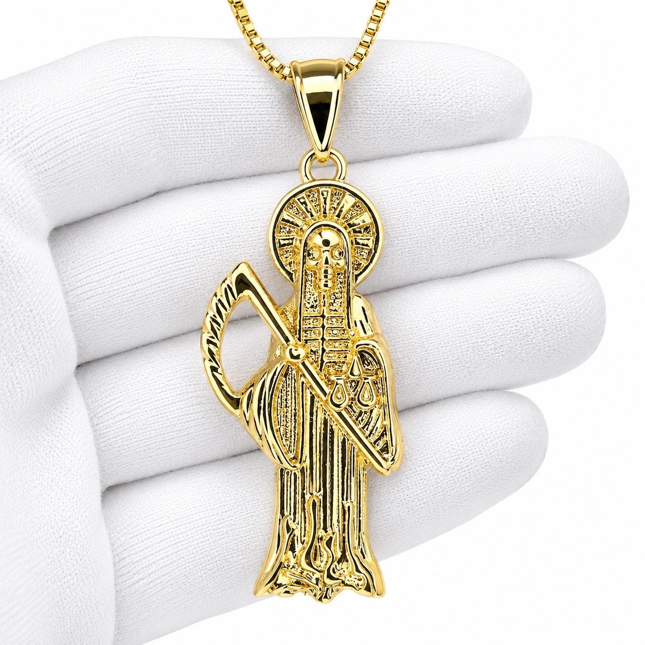 Italian 1/200 14k Yellow Gold Oro Santa Muerte Pendant Colgante Hombres Mujeres