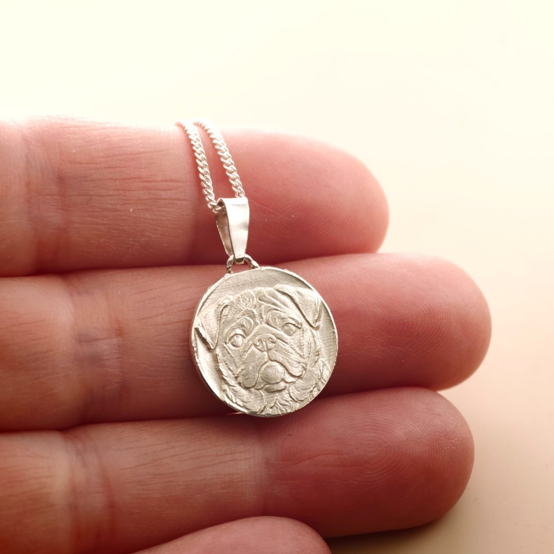 Pug Dog Necklace Sterling Silver Engraved Pet Lover Gift Handmade UK Personalise