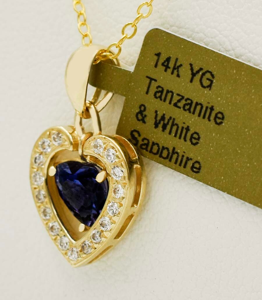 LAB CREATED 0.78 Cts TANZANITE & WHITE SAPPHIRES NECKLACE 14K GOLD – NWT