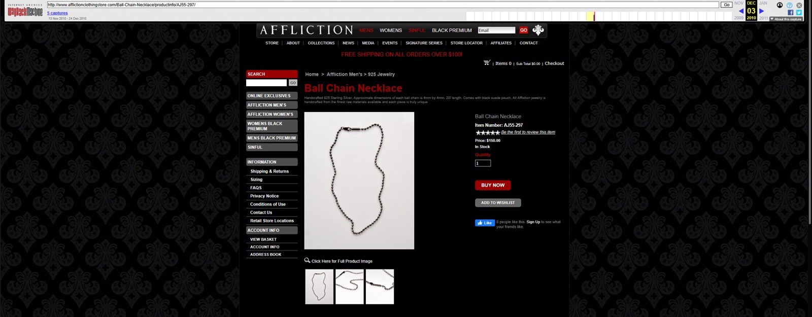 2010 Affliction 925 Ball Chain Necklace 22″ Length Sterling Silver Rare Jewelry