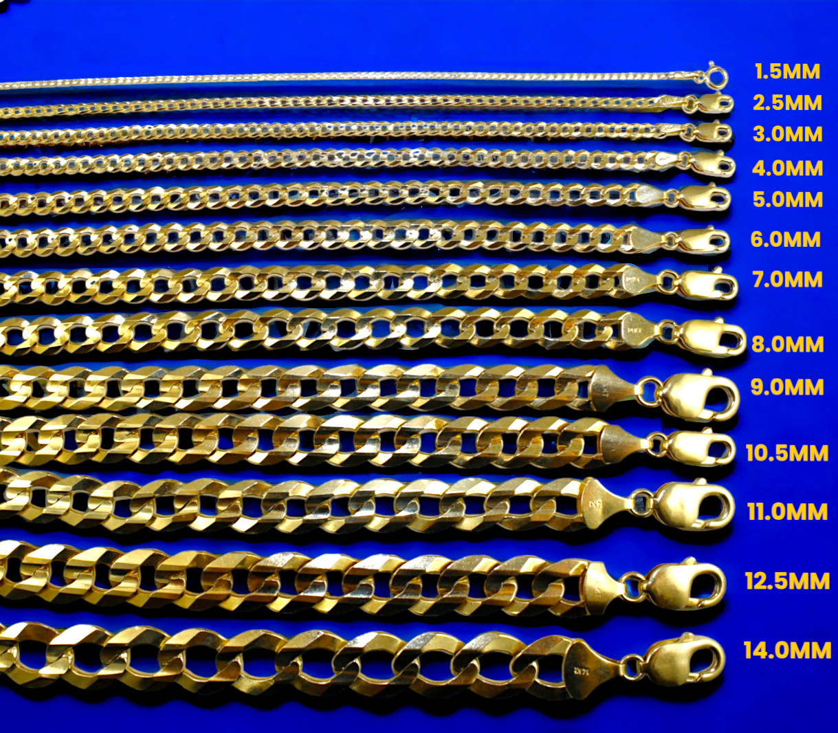 14K Yellow Gold 1.5mm-14mm Solid Curb Cuban Chain Necklace Link All Sizes