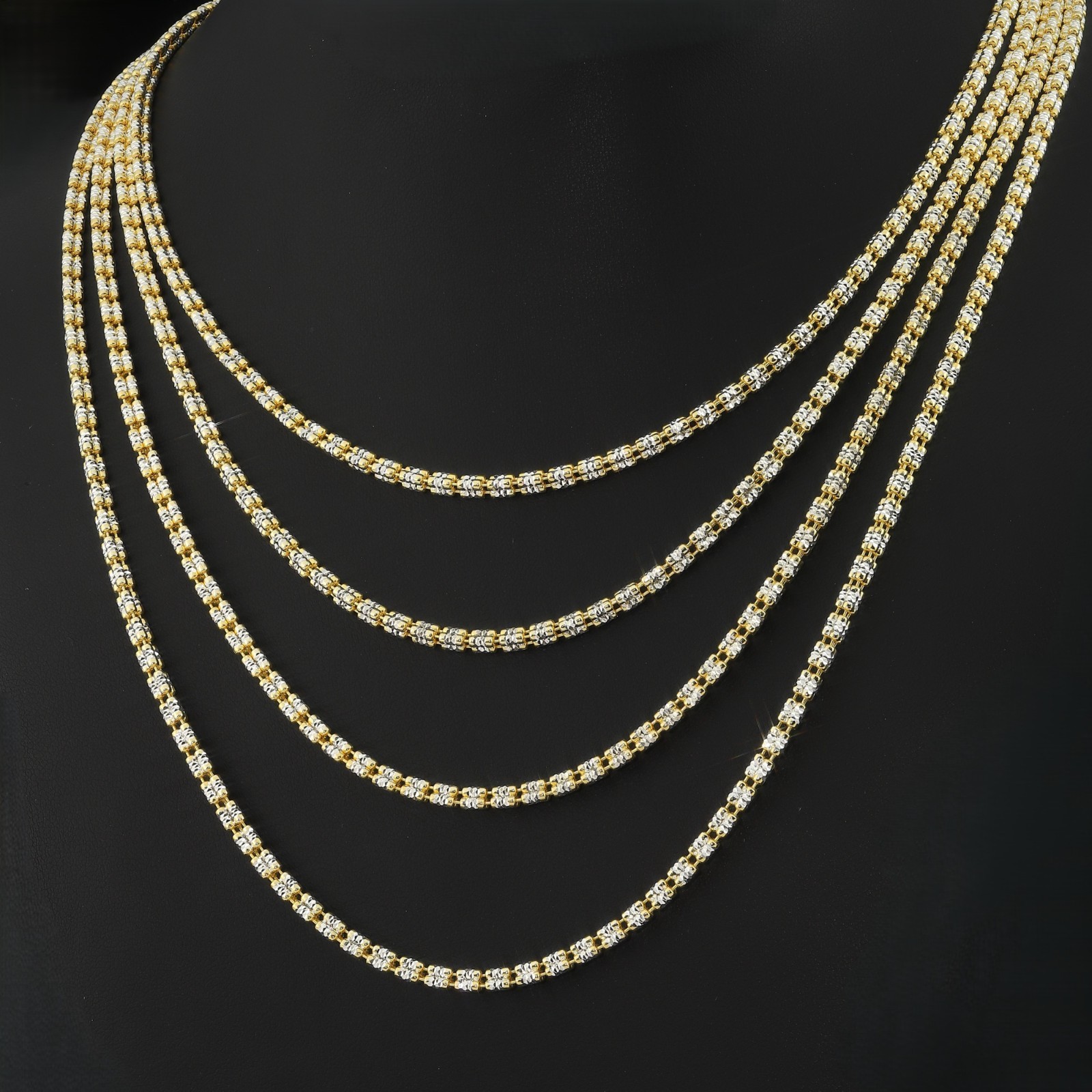 Two-Tone Gold 3mm 4mm Diamond-Cut Ice Chain Necklace 16″-24″ 925 Sterling Silver