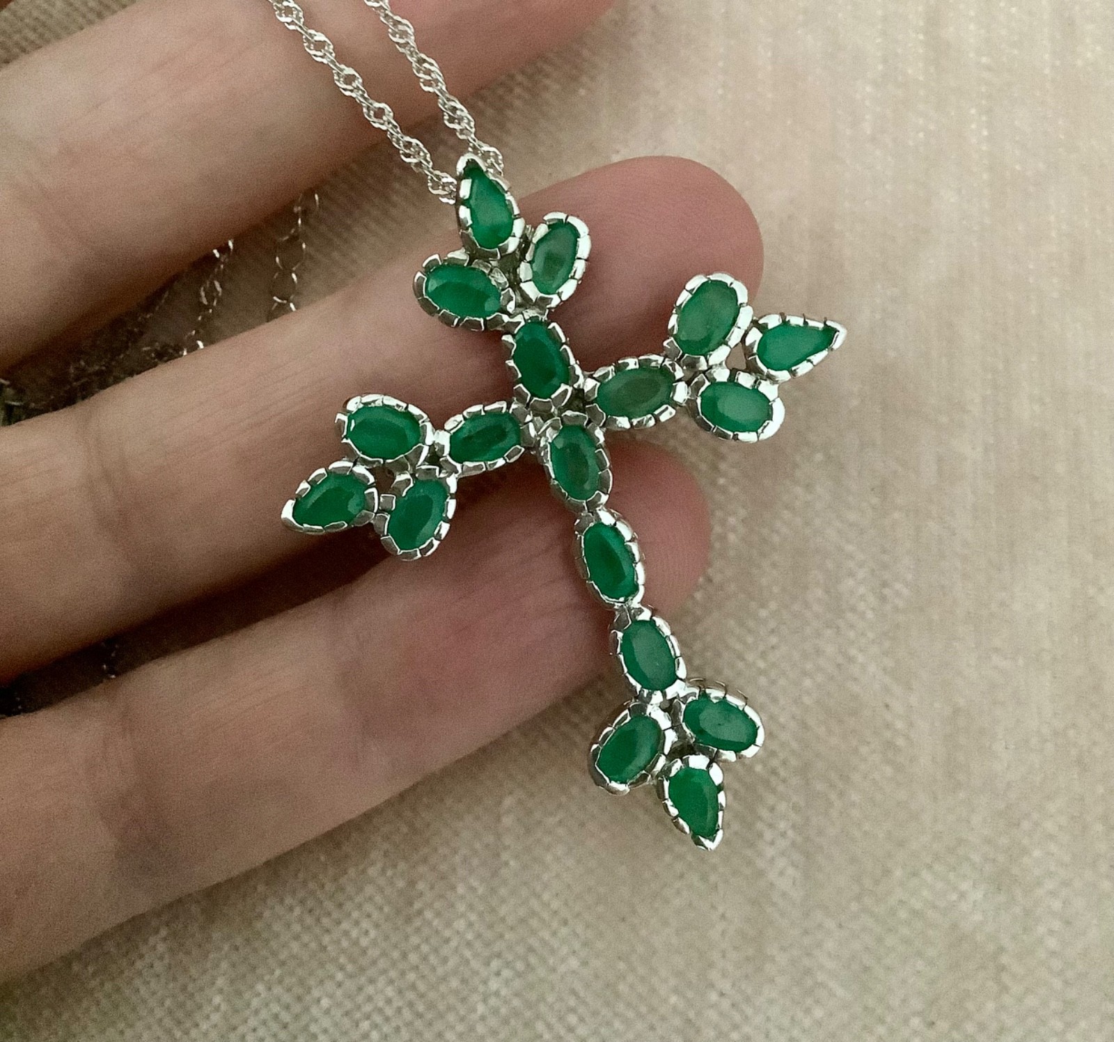 Chuck Clemency Sterling Silver Genuine Precious Emerald Cross Pendant w Chain
