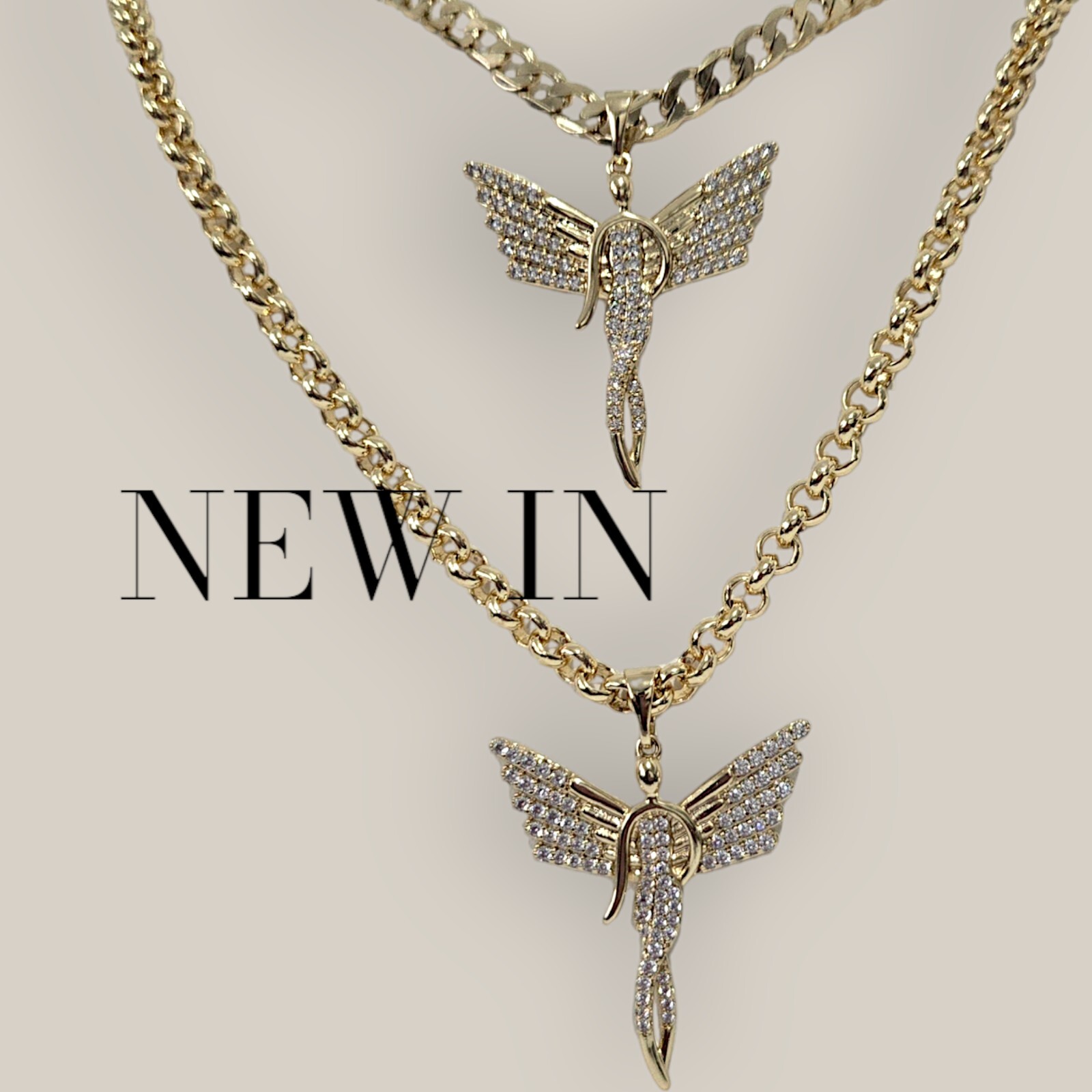 Gold Angel Pendant, Silhouette Angel Wings on 5mm Belcher Chain 30″ 9ct Guilded