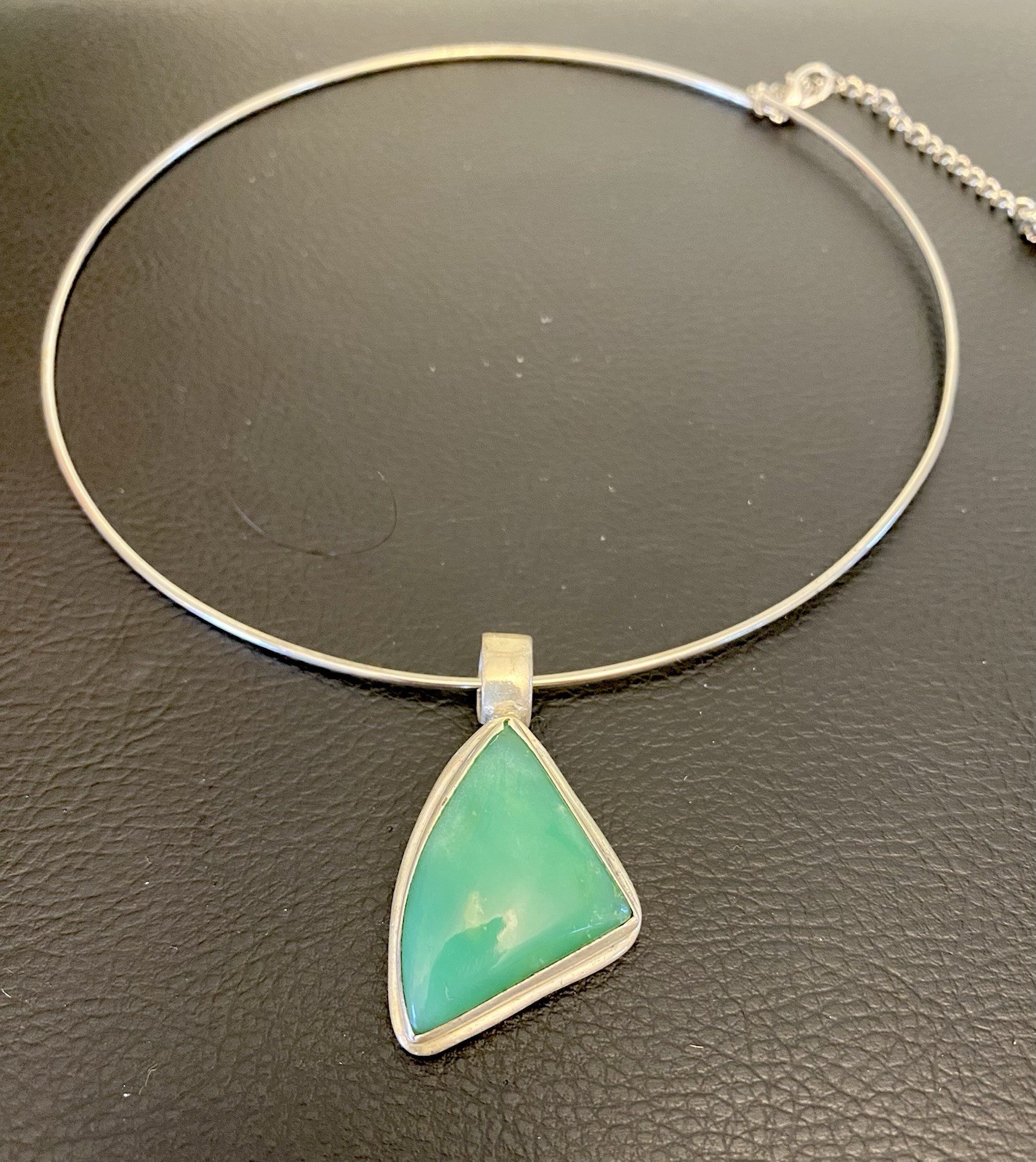 Natural Gemstone Chrysopase Sterling Pendant on Silver Tone Adjustable Neck Ring