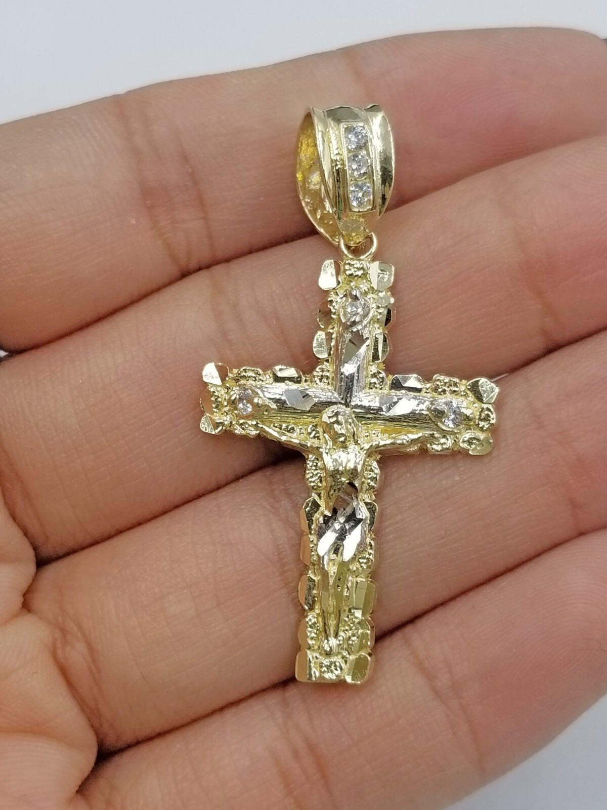 10k Yellow Gold Cross Pendant Diamond Cut Jesus REAL Crucifix Free Shipping
