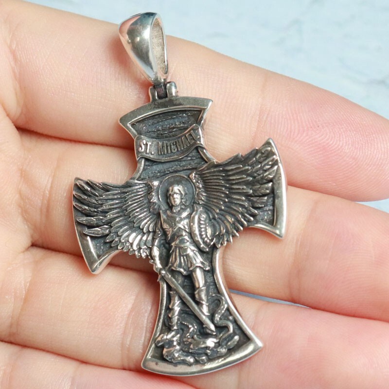 21g Big Cross Saint Michael the Archangel with Prayer Pendant 925 Sterling Silve