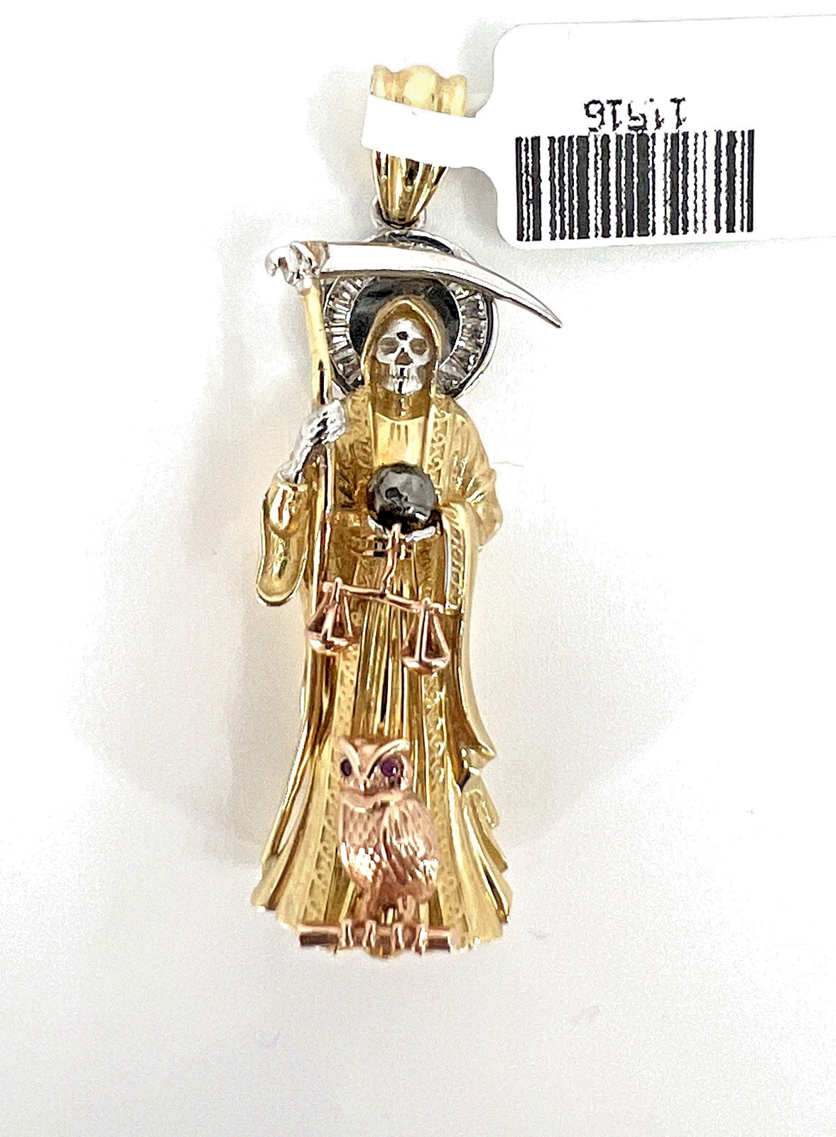 10K Tri-Color Gold Santa Muerte Pendant 2″ Italian CZ Santisima Muerte Authentic
