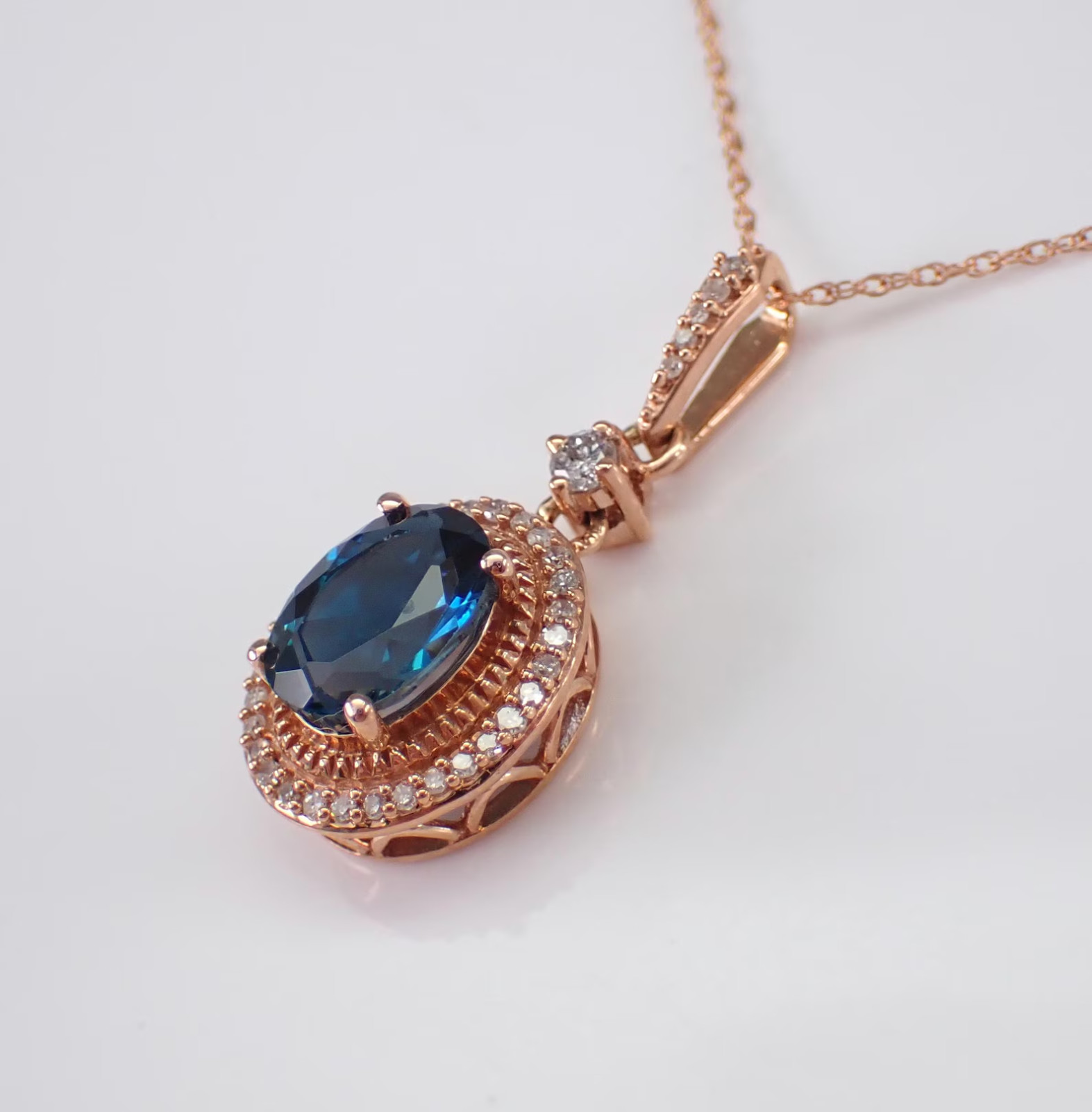 3Ct Ova Lab Created London Blue Topaz Halo Pendant Necklace 14K Rose Gold Plated