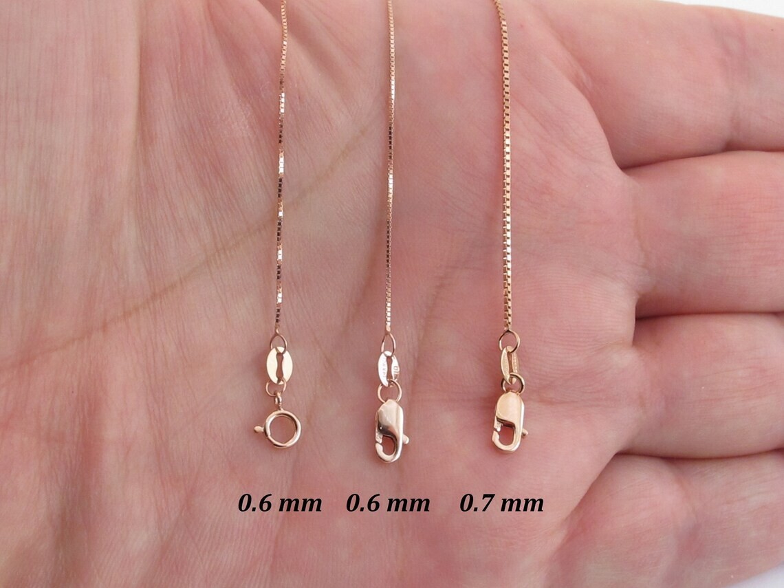 14k Solid Rose Gold Box Chain Necklace 16″ 18″ 20″ 24″ – 0.45 mm to 0.7 mm