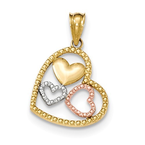 14K GOLD TRI-COLOR THREE HEARTS OPEN HEART PENDANT CHARM – 1 INCH LENGTH