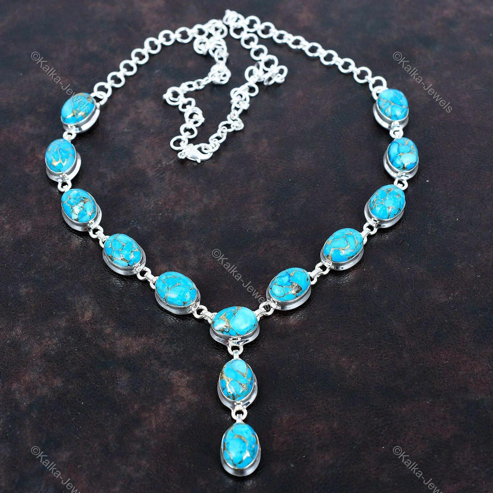 925 Silver Natural Copper Blue Turquoise Chain Birthday Wedding Necklace Jewelry