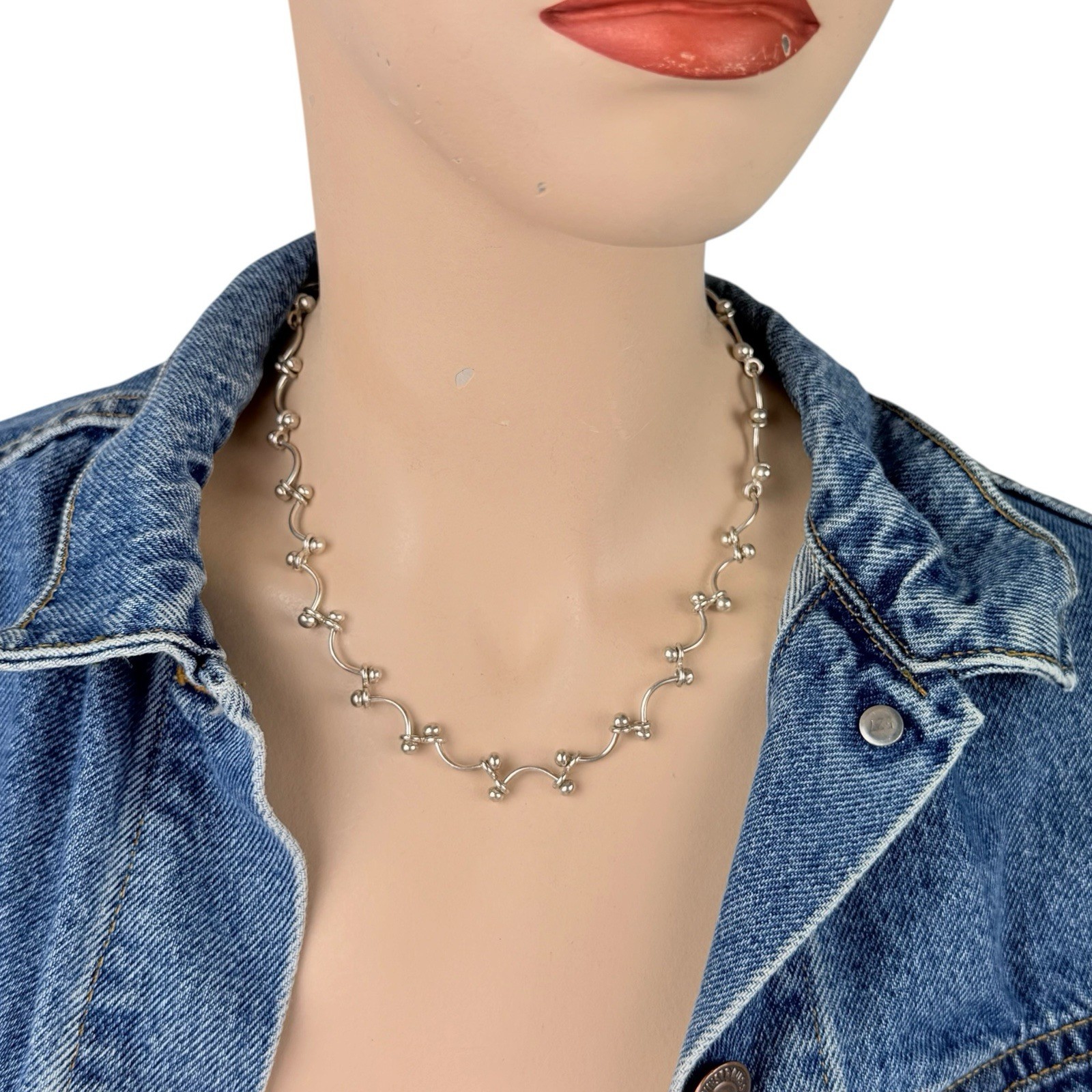 Sterling Silver 925 Curved Bar & Ball Link Necklace Modernist Toggle Clasp 33+g