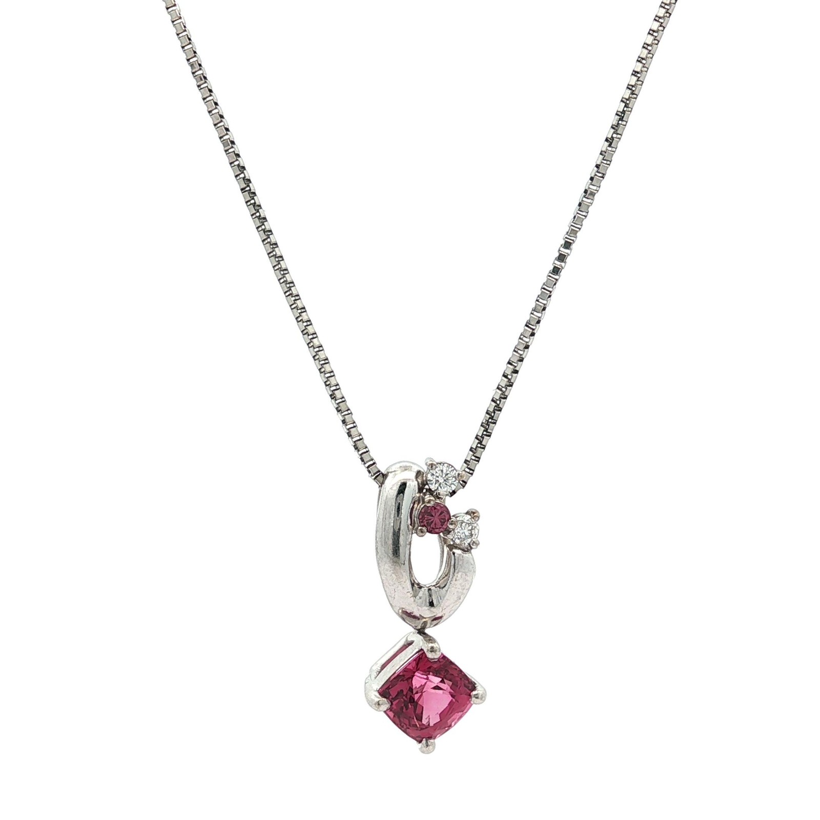 18k Gold & Platinum Pink Spinel Diamond Drop Pendant Adjustable Chain Necklace