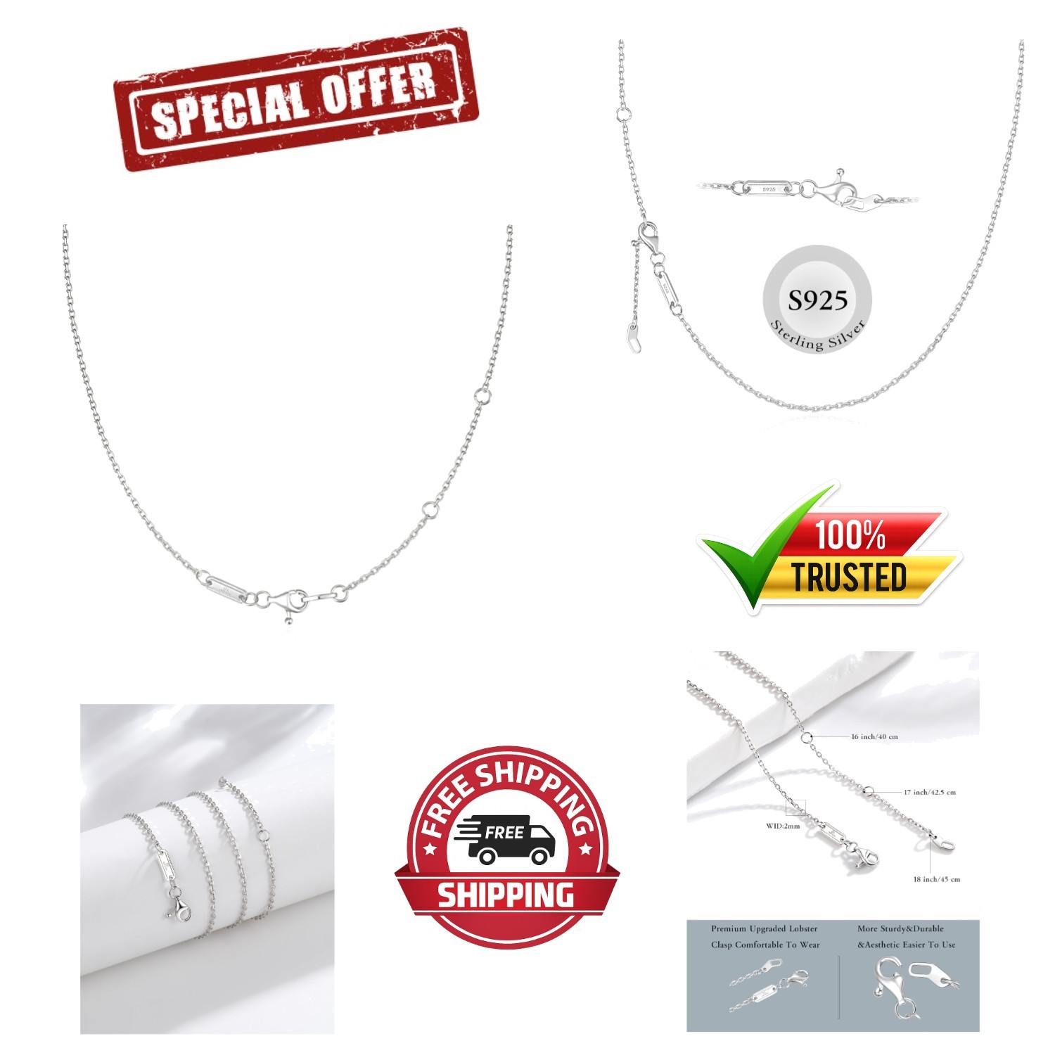 S925 Sterling Silver Chain Necklace for Women, 18 Inch Adjustable, Classic, Fash