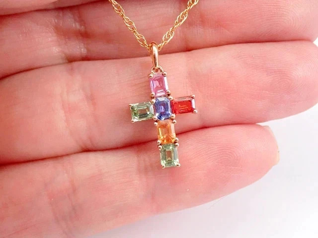 Emerald Cut LabCreated Multicolor Women Cross PendantChain 14kYellow Gold Plated