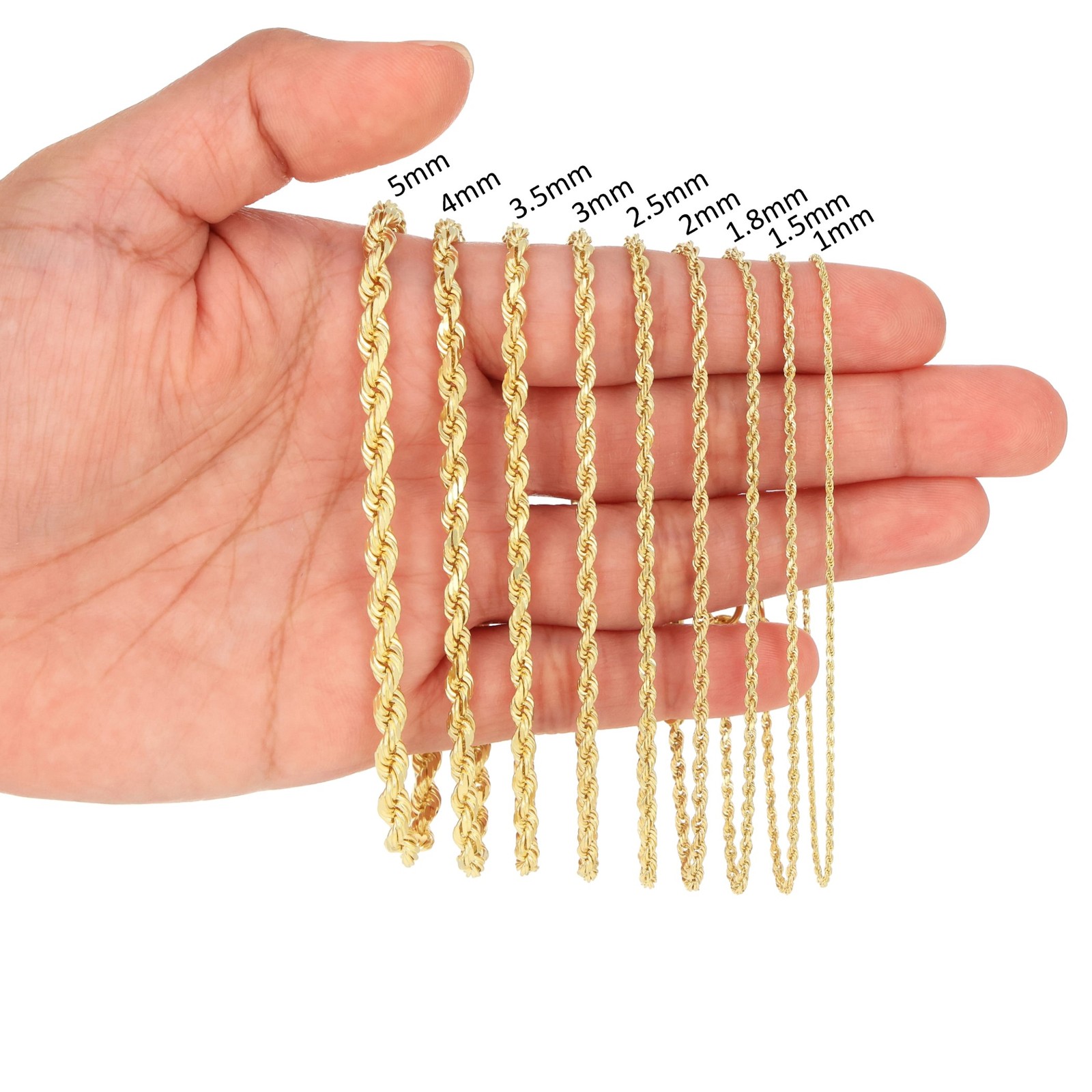 10K Yellow Gold 2mm-7mm Diamond Cut Rope Chain Italian Pendant Necklace 16″- 30″