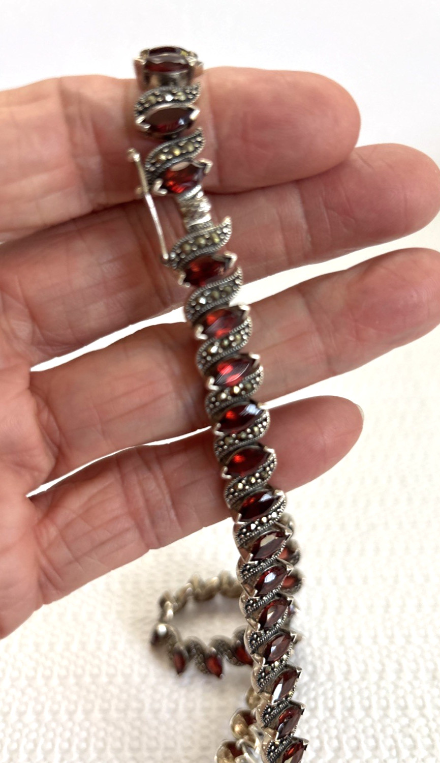 Vintage sterling silver garnet and Marcasites necklace 56 Marquise Cut Garnets