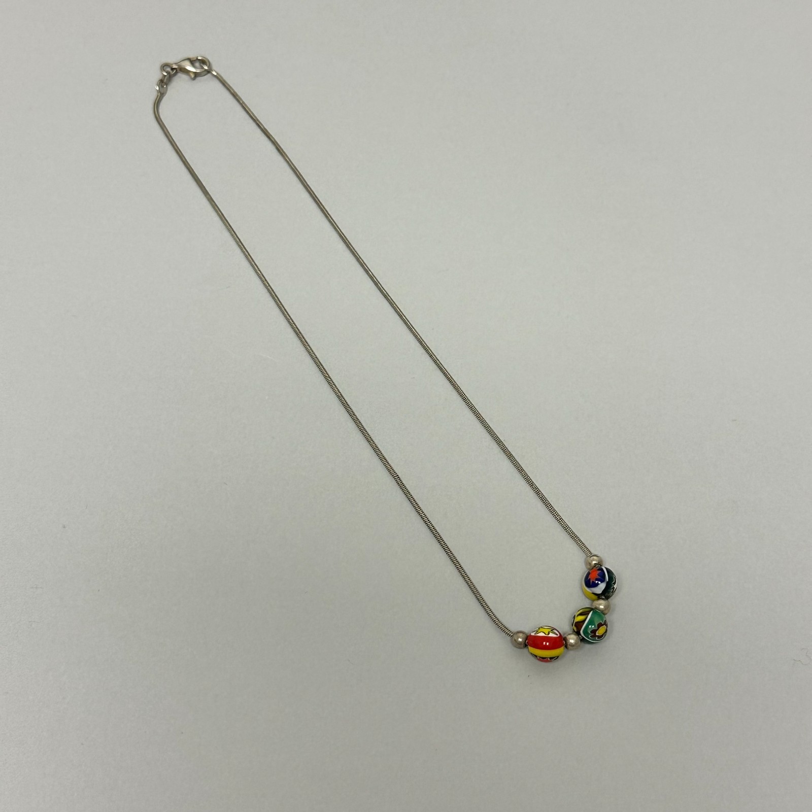 Sterling Silver Venetian Millefiori Beaded Necklace Snake Chain Italy Minimalist