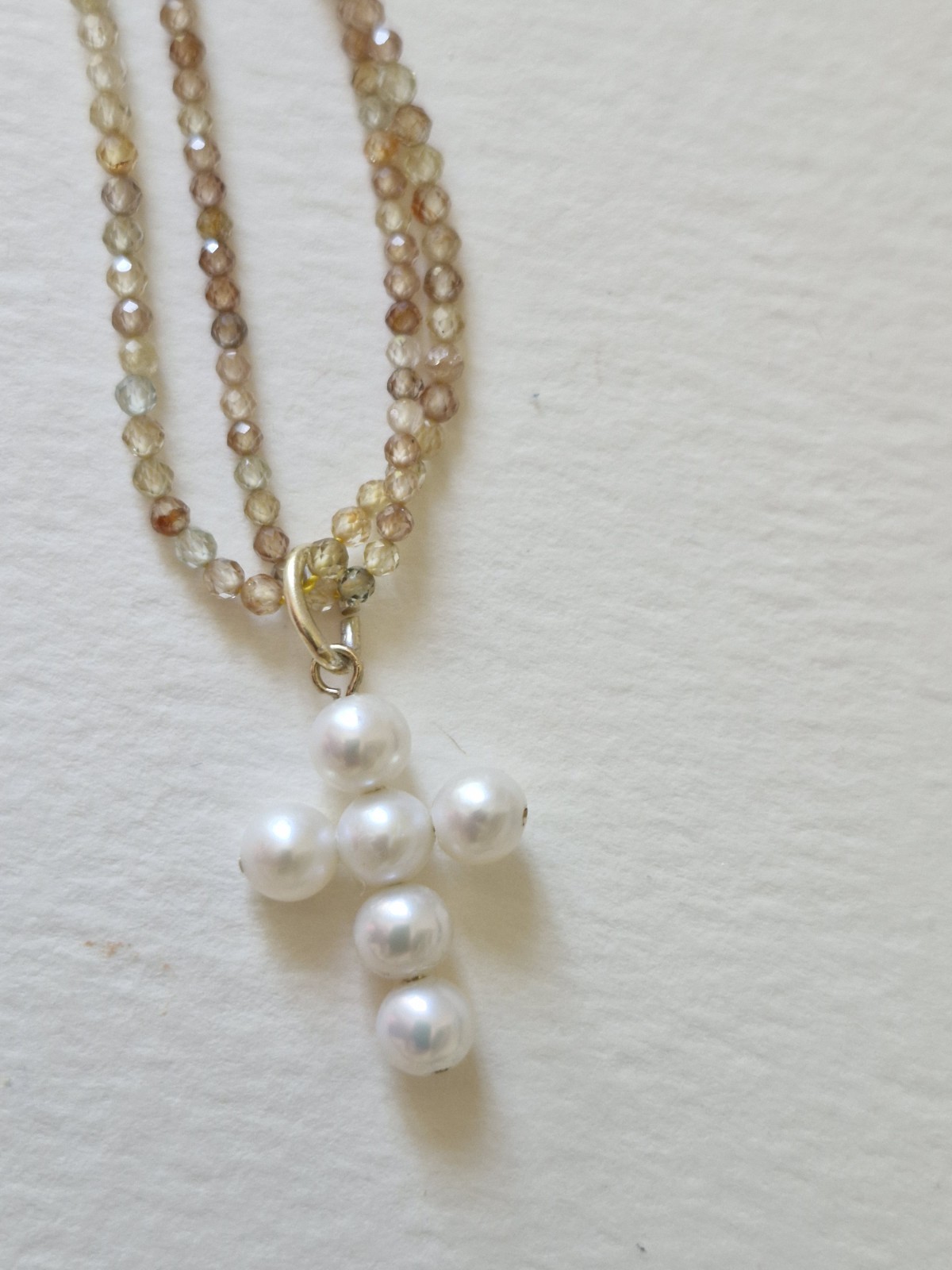 Natural ZIRCON Necklace 70cm With Akoya Pearls CROSS Removable.