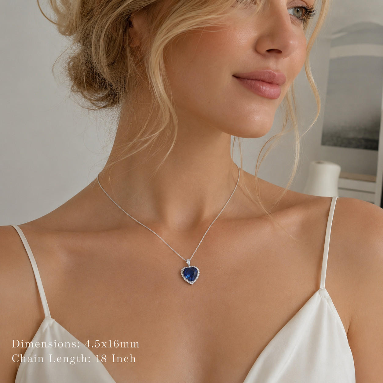 Lab Created Blue White Sapphire Heart Pendant Necklace Sterling Silver 18” New
