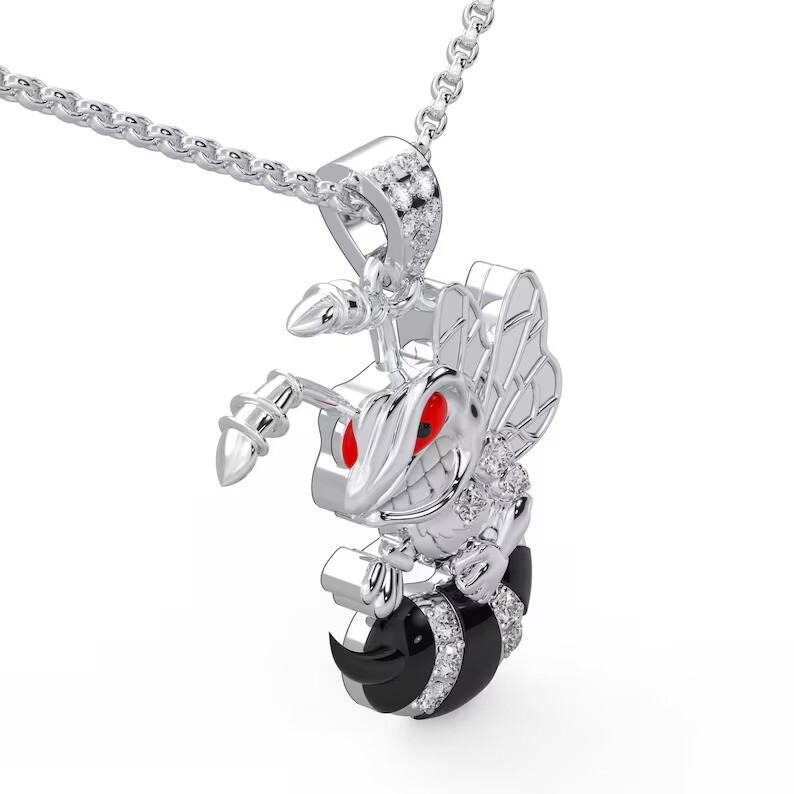 Angry bee 18″ Chain Pendant Round Cut Real Moissanite 14K White Gold Plated