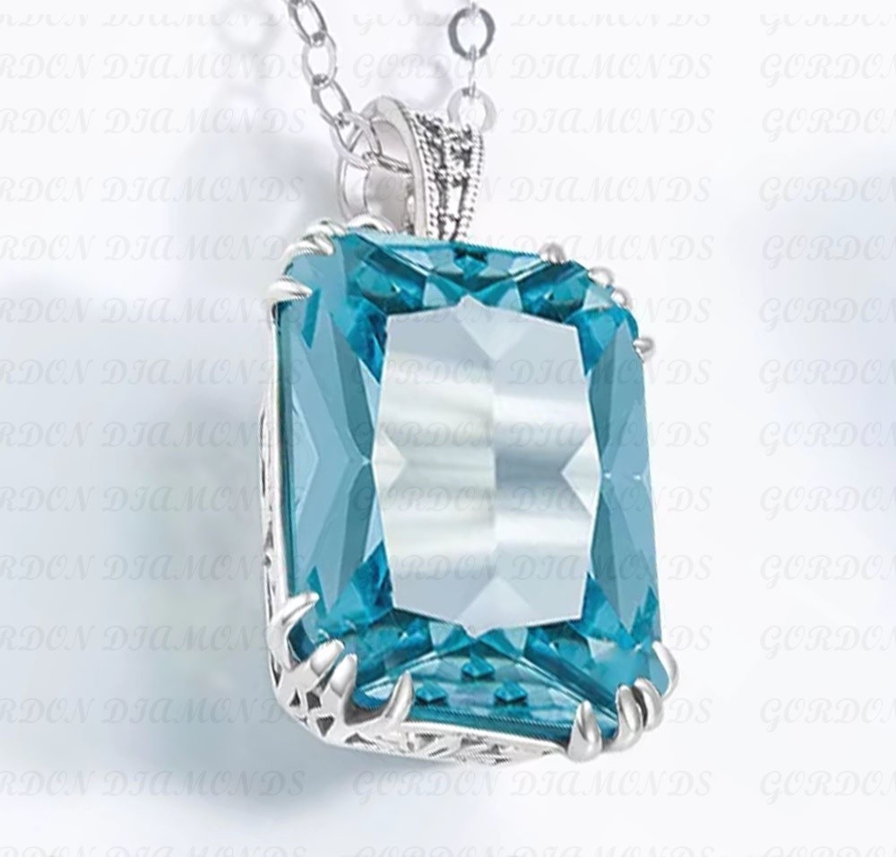 7Ct Emerald Cut Natural Blue Aquamarine & Diamond Pendant 18k White Gold Plated
