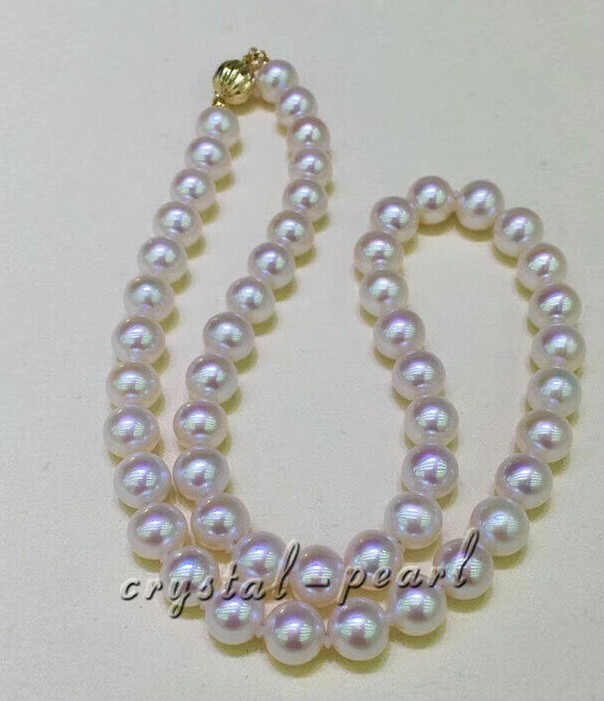 AAAAA 18″ 9-8mm REAL NATURAL round south sea WHITE pearl necklace 18K gold CLASP