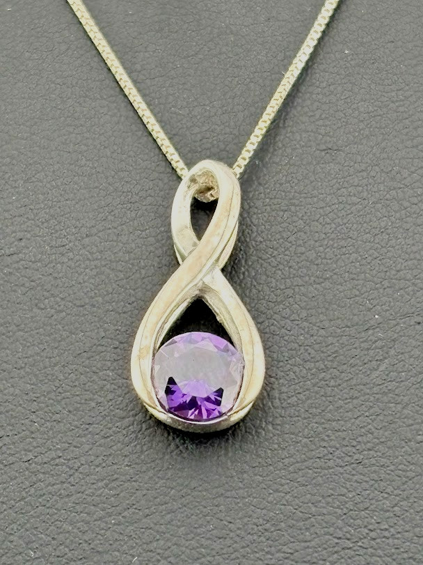 925 STERLING SILVER 6.7MM ROUND PURPLE CZ WISHBONE INFINITY NECKLACE 18″ 3734